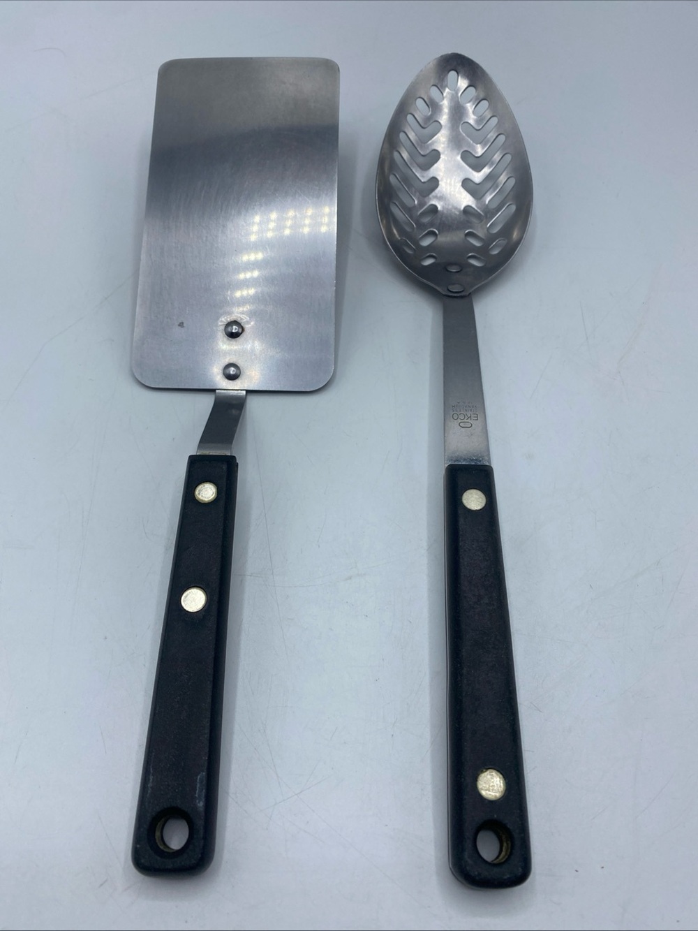 Vintage EKCO Forge Stainless Steel Spatula Flipper & Slotted Spoon Black Handle